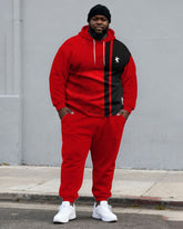 Large Size Men's Autumn And Winter Warm Cold-proof Gentleman Red & Black Chest Pony Kangaroo Large Pocket Hoodie Sweatpants Set